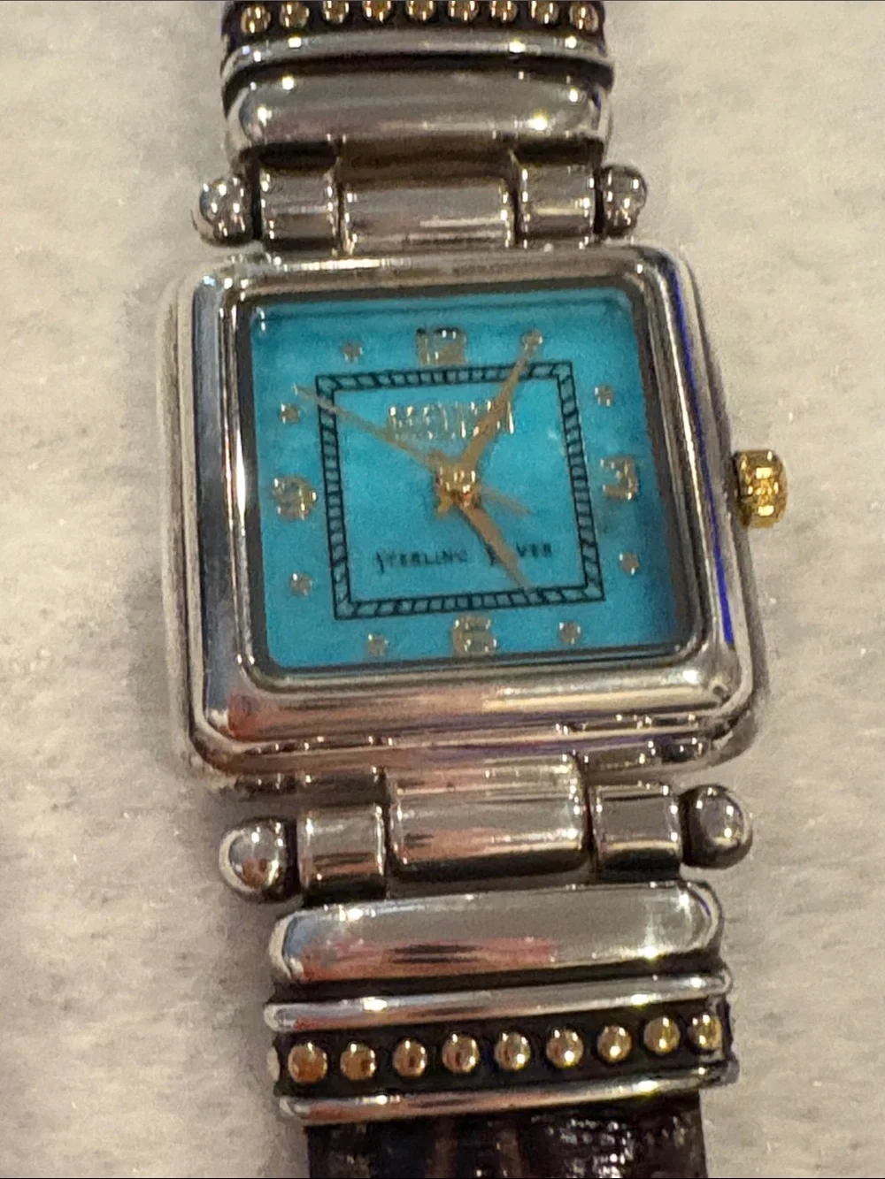 Sterling Silver Women's Watch with Turquoise Dial and genuine leather strap